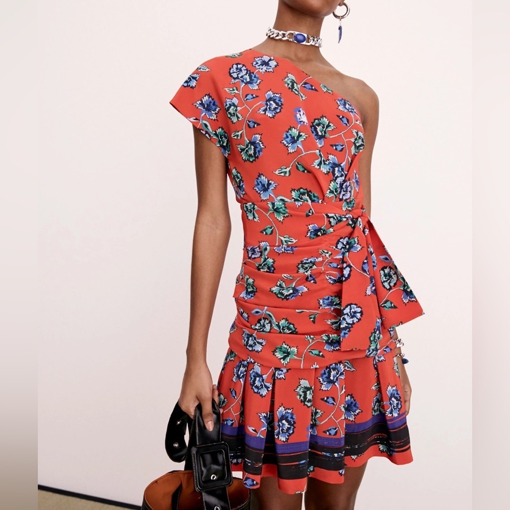 Derek Lam 10 Crosby orange and blue floral printed silk one-shoulder mini dress